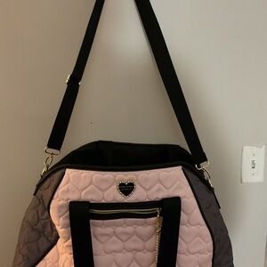Betsey Johnson Pink and Gray Quilted Heart Travel Shoulder Bag